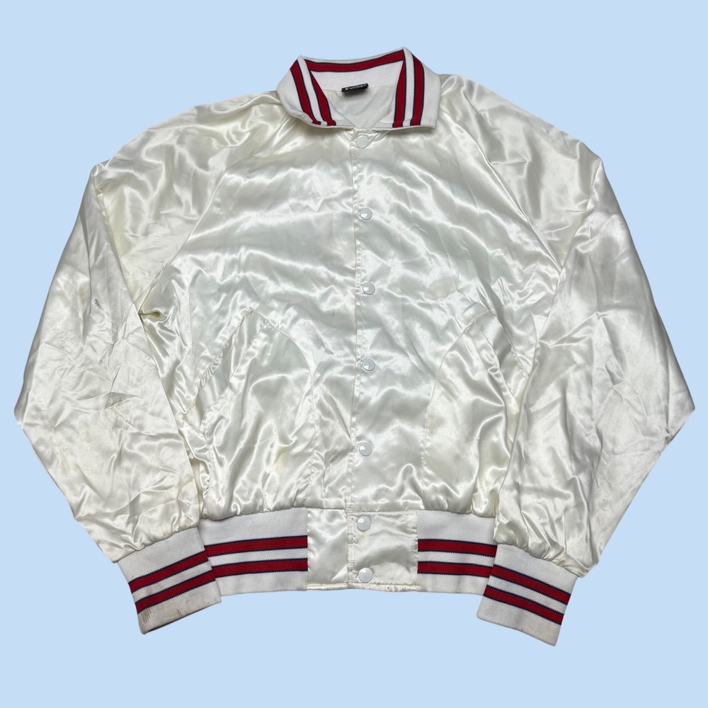 Vintage Hilton Off The Wall Satin Bomber Jacket Mens Medium White Red Blue USA